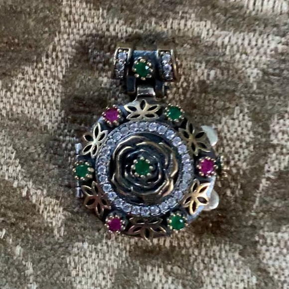 Ruby Emerald Topaz Silver Locket Pendant Celtic Infinity Knots, Lotus & Rose - Picture 3 of 11